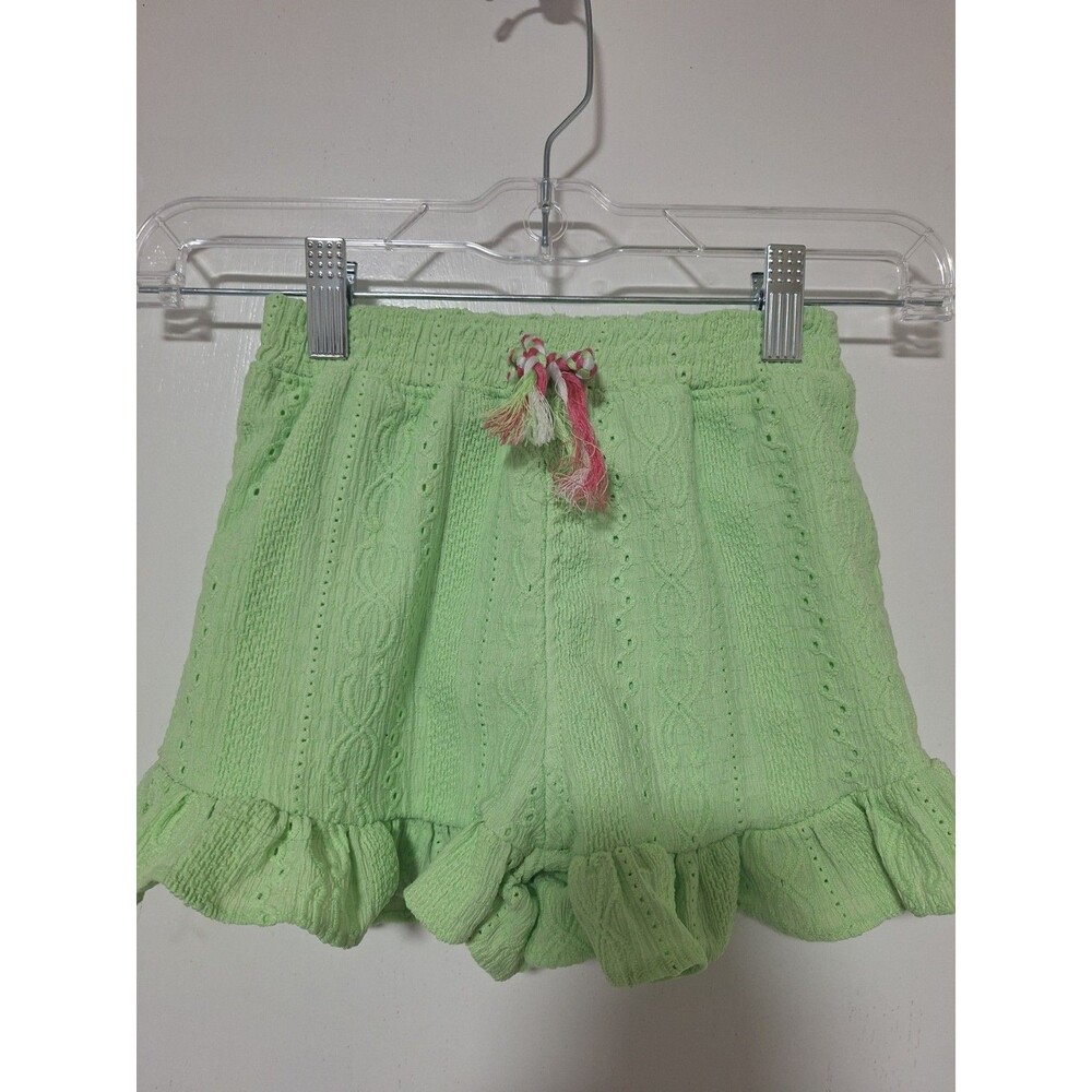 Little Lass Girls Size 6 Lime Green Textured Pointelle Knit Shorts Ruffle Tassel